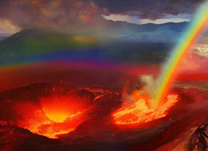 Prompt: rainbow from an erupting volcano at night, painting by Craig Mullins, octane rendering, soft morning lighting, wide angle lens, in the style of Hayao Miyazaki, trending on artstation,