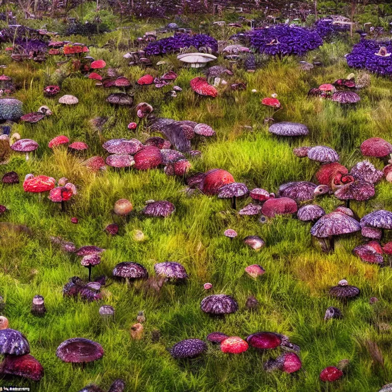 Image similar to a planet of various fungus, mushrooms, flowers and plants, inside the picture is infinity, Atmospheric, artistic photography, conceptual, long exposure outside the city, volumetric light