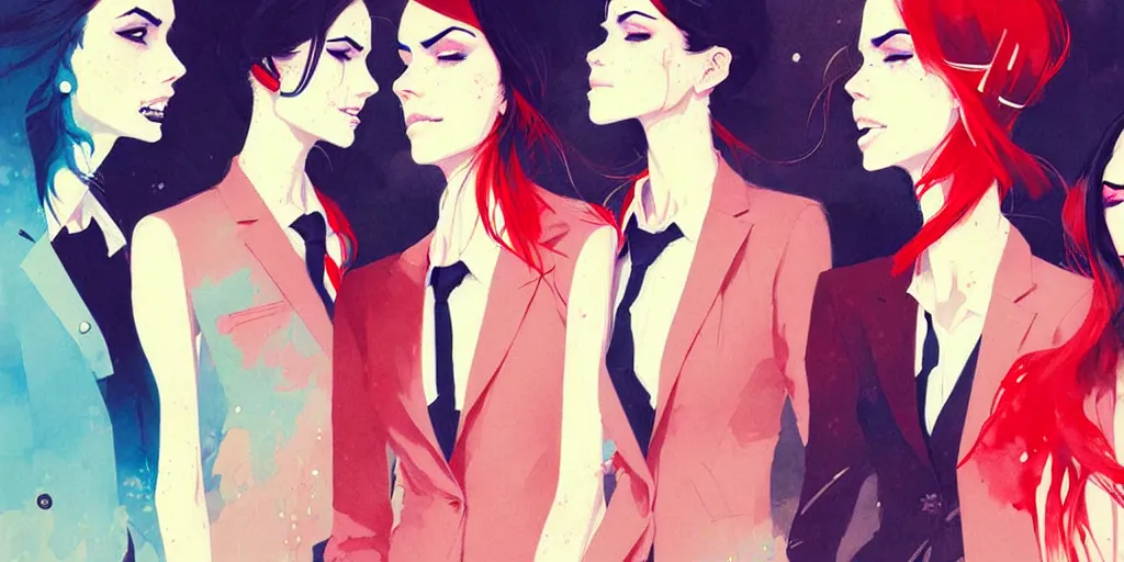 Image similar to a ultradetailed painting of multiple women in suits, by conrad roset, greg rutkowski and makoto shinkai trending on artstation