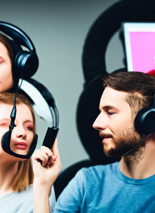 Prompt: two birds with headphones on their heads in front of a microphone recording a podcast in the studio, realistic photo, 8 k