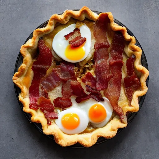 Image similar to fat tabby cat eating a bacon and egg pie