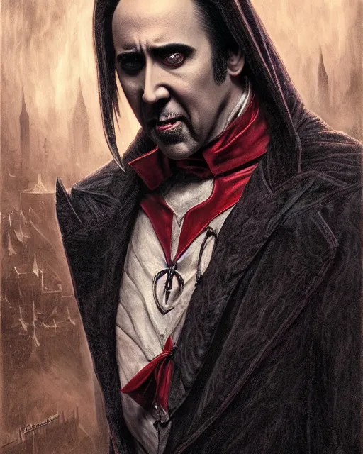 Image similar to nicolas cage as dracula, demonic, highly detailed, centered, artstation, concept art, smooth, sharp focus, illustration, bokeh art by artgerm and donato giancola and joseph christian leyendecker