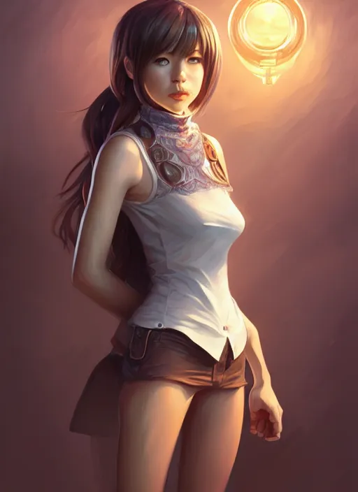 Image similar to portrait of a full body of beautiful young female detective, d & d, sleeveless turtleneck, fantasy, flat lighting, intricate, highly detailed, digital painting, artstation, concept art, smooth, sharp focus, illustration, misa amane, art by simon bisley and greg rutkowski and alphonse mucha, natural tpose