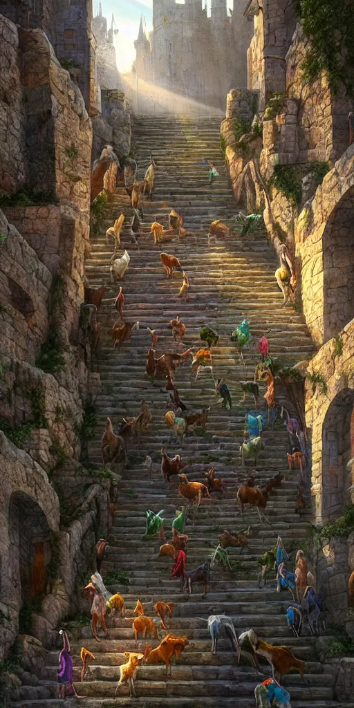 Image similar to a herd of goats!! climbing stairs in a beautiful fantasy castle, medieval city, citadel, magic, tall towers, murals, many goats, sunlight, vivid colors, god rays, digital art, landscape, fantasy art, octane render, unreal engine, high detail, very realistic, by greg rutkowski. by james gurney