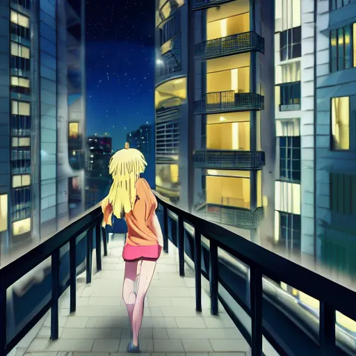 Image similar to a blonde woman with a ponytail wearing black stands on her balcony over a city street at night, anime style, 4k