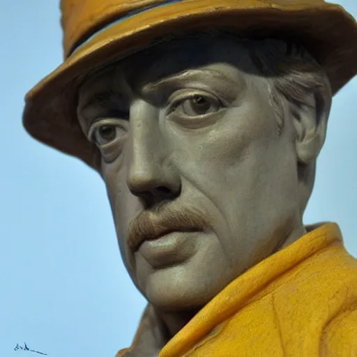 Image similar to hyper realistic closeup bust of a new england fisherman, wearing a yellow fisherman's hat, steve buscemi, painted, colorized, bossons vintage chalkware, by emile renouf