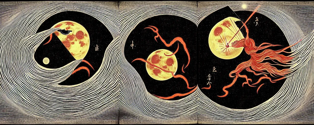 Prompt: a fiery yokai radiates a unique canto'as above so below'to the moon, while being ignited by the spirit of haeckel and robert fludd, breakthrough is iminent, glory be to the magic within, in honor of saturn, painted by ronny khalil