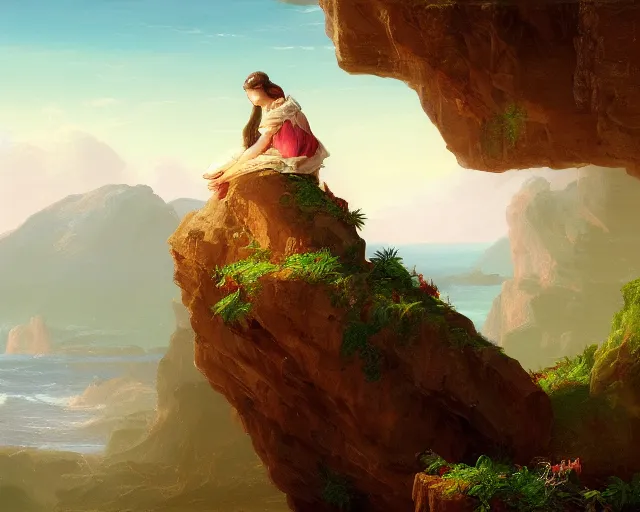 Image similar to an oil painting of a woman sitting on a rock overlooking an island, a digital painting by thomas cole, cgsociety, metaphysical painting, 2 d game art, storybook illustration, detailed painting