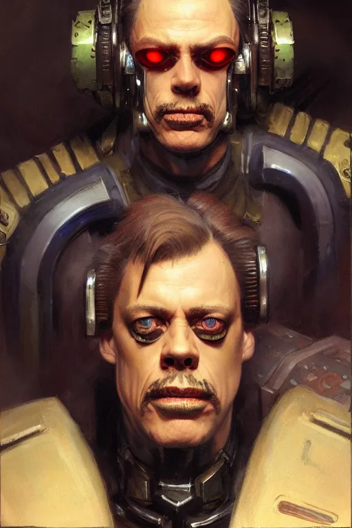 Image similar to character portrait cyberpunk warhammer 4 0 k steve buscemi, character design, painting by gaston bussiere, katsuya terada, frank frazetta, tom of finland, trending on artstation