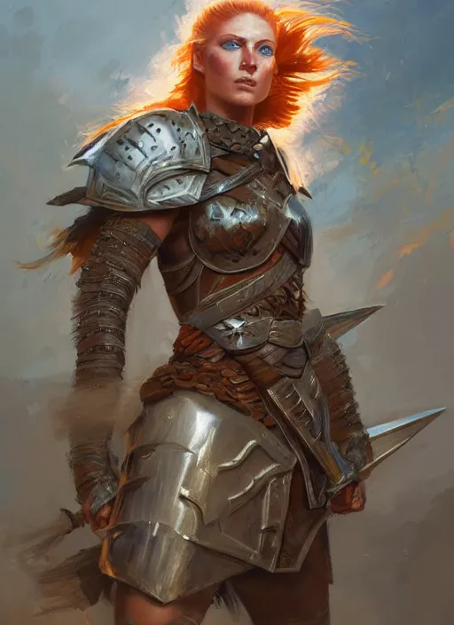 Image similar to highly detailed painting of a warrior woman commander, armored, icelandic redhead, tan skin, blue - eyes, high fantasy, dungeons and dragons art by jon foster trending on artstation painted by greg rutkowski, painted by stanley artgerm