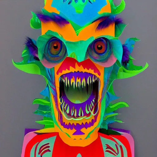 Image similar to a psychedelic overly scary monster made out of cardboard