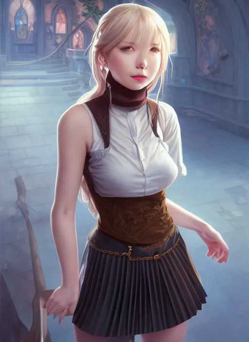 Image similar to portrait of a full body of beautiful young female detective, d & d, sleeveless turtleneck, pleated skirt, fantasy, flat lighting, intricate, highly detailed, digital painting, artstation, concept art, smooth, sharp focus, illustration, misa amane, art by simon bisley and greg rutkowski and alphonse mucha, natural tpose