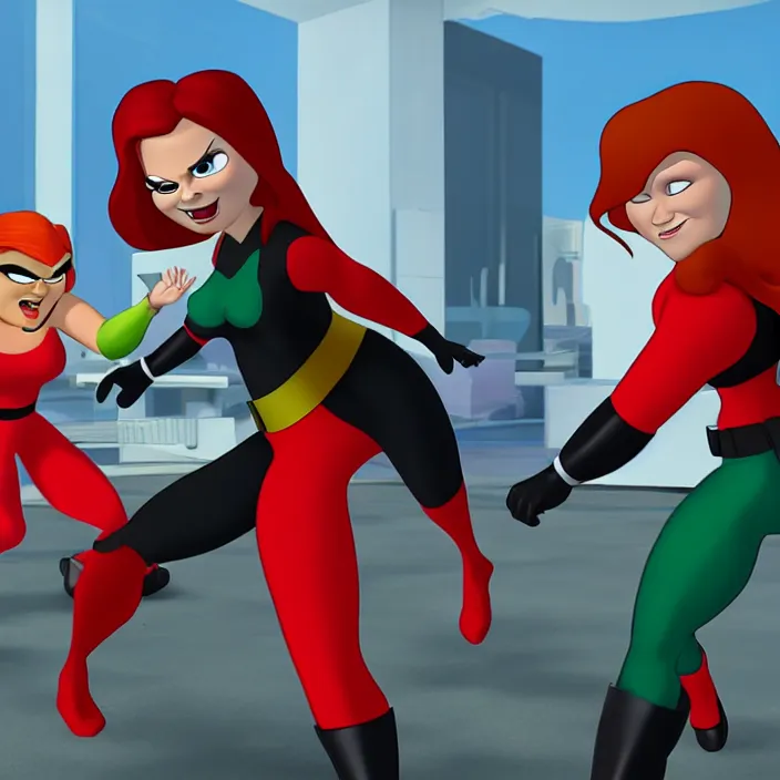 Image similar to kim possible fighting mrs incredible by pixar