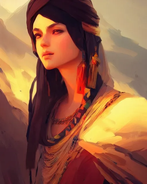 Image similar to beautiful bedouin, detailed portrait, cell shaded, 4 k, vivid colours, concept art by wlop, ilya kuvshinov, artgerm, krenz cushart, greg rutkowski, pixiv. cinematic dramatic atmosphere, sharp focus, volumetric lighting, cinematic lighting, studio quality