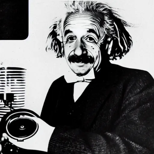 Image similar to photo of Albert Einstein DJing a phonograph, vintage