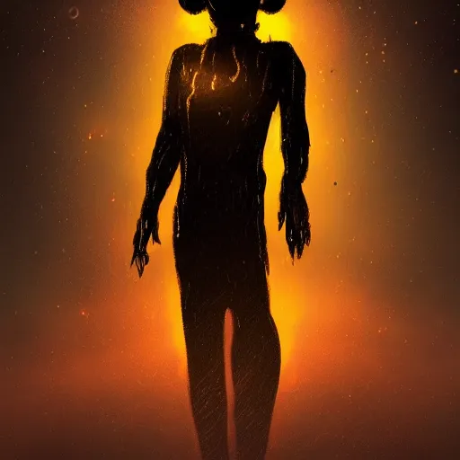 Image similar to award - winning. trending on artstation. 4 k. eerie tone. a figure wearing layered yellow robes standing in front of a black hole in space. dark background. in the style of cedric peyravernay. full - body