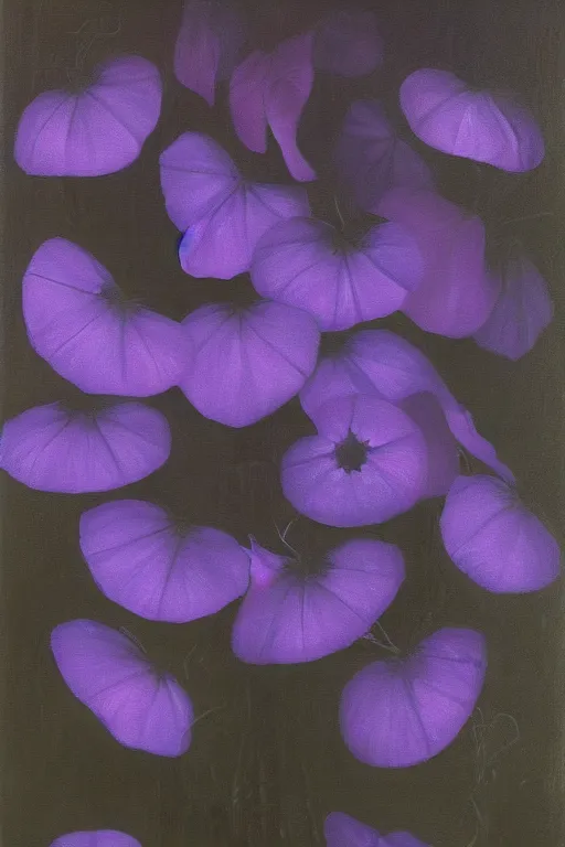 Prompt: moody painting of purple morning glories growing in a forest dimly lit at night. foggy volumetric darkness, muted colour palette oil painting on canvas caravaggio