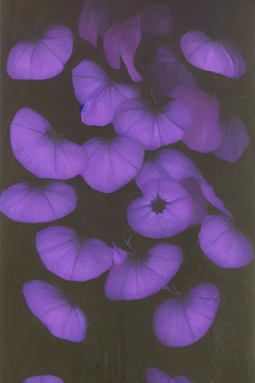 Image similar to moody painting of purple morning glories growing in a forest dimly lit at night. foggy volumetric darkness, muted colour palette oil painting on canvas caravaggio