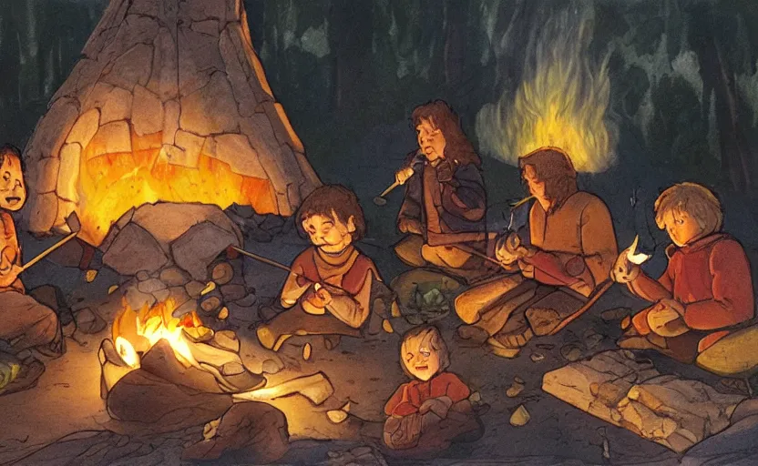 Image similar to childrens book illustration of the fellowship of the ring roasting marshmallows and making s'mores around a campfire