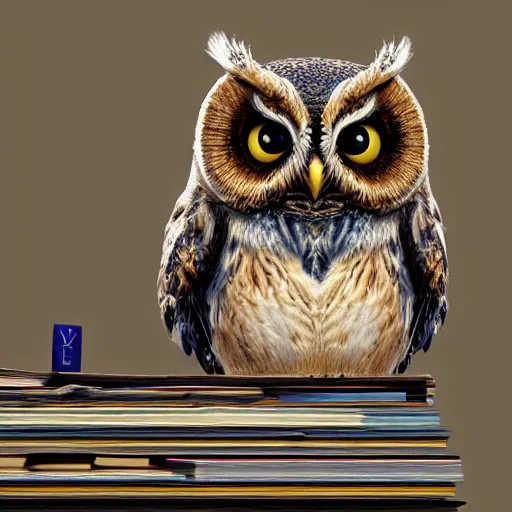 Image similar to long shot of a cute friendly owl sitting on a pile of books, by naoto hatori, by yoshita amano, by esao andrews, product photography, hyperrealistic, big depth of field, fresh colors, 3 d octane render conceptart, 4 k, highly detailed, trending on artstation