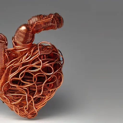 Image similar to a very beautiful tiny ( human heart )!!!!!!!!!!!!!!!!!!!!!!!!! organic sculpture made of copper wire and threaded pipes, very intricate, curved. studio lighting, high resolution, high quality, black background