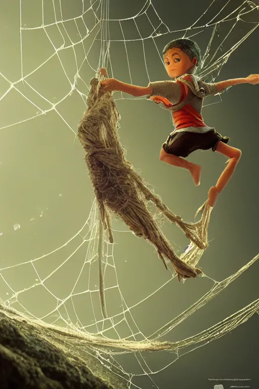 Image similar to Shrunk down human adventurers climbing on a spiders web, dewdrops, macro, dramatic lighting, cinematic, establishing shot, extremely high detail, foto realistic, cinematic lighting, post processed, concept art, high details, cinematic, 8k resolution, beautiful detailed, photorealistic, digital painting, artstation, concept art, smooth, sharp focus, artstation trending, octane render, unreal engine