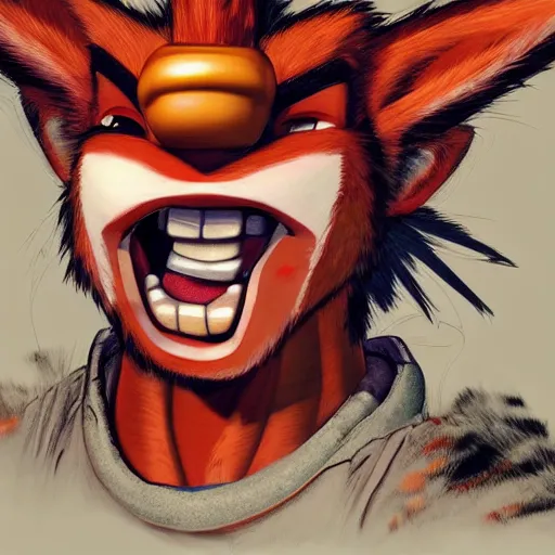Prompt: upclose portrait of crash bandicoot, kim jung gi, digital art, by hirohiko araki, very detailed picture with lots of emotion, trending on artstation, high fidelity, 8 k, has a very realistic look to it, hyper realism
