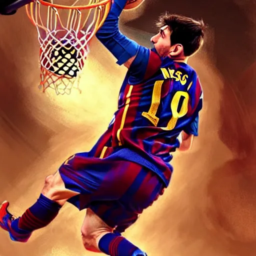 Image similar to Messi dunking a basketball in the NBA, D&D style, fantasy, intricate, elegant, highly detailed, digital painting, artstation, concept art, matte, sharp focus, illustration, art by Artgerm and Greg Rutkowski and Alphonse Mucha