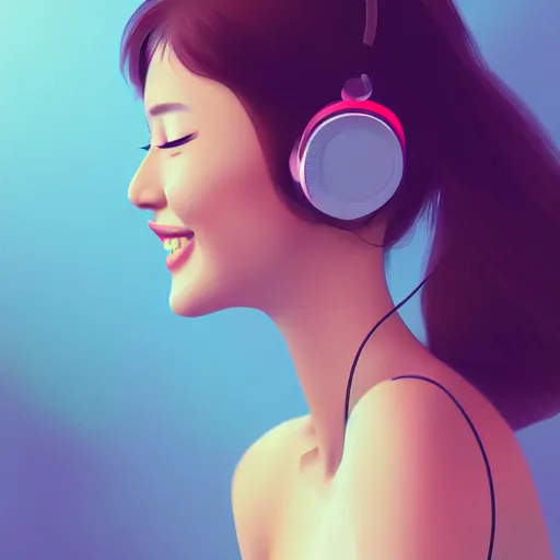 Image similar to an illustration of a beautiful woman listening to music and smiling by Dao Trong Le, highly detailed, digital art, trending on artstation