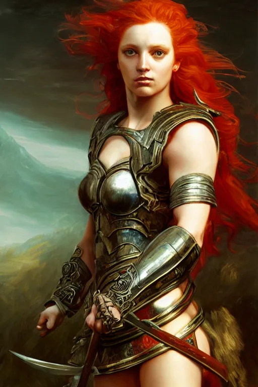 Image similar to beautiful female warrior, half body portrait, ginger hair, ornate armour, in a dynamic pose, realistic oil painting by Thomas Cole and Wayne Barlowe