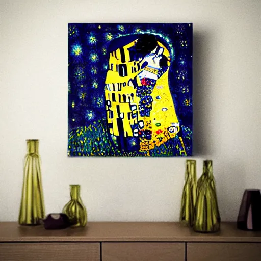 Image similar to The Kiss from Klimt but painted in the style of Vincent Van Gogh, van gogh's Starry night background