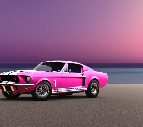 Prompt: shot of 1967 Ford mustang Shelby GT500 in pink color at sunset in front a beach, realistic reflections, 4k, HD Photography, unreal engine 5