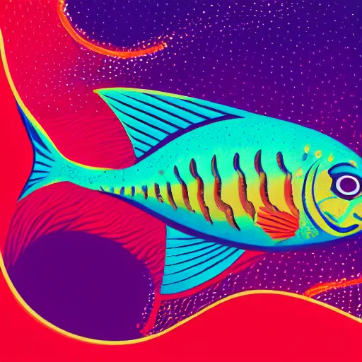 Image similar to one stylized fish with saturated colors viewed in profile in the dark ocean filled with complex sparkles and patterns, artstation, intricate, realistic, highly detailed, digital painting, concept art, sharp focus, illustration by tom whalen and charles williams and kilian eng and james jean