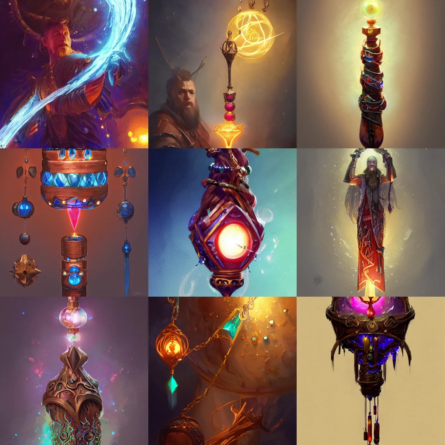 Prompt: magic wizard's staff, made of wood, glowing jewel, hanging beads, full shot, detailed illustration, hd, 4k, digital art, overdetailed art, concept art, by greg rutkowski complementing colors, Trending on artstation