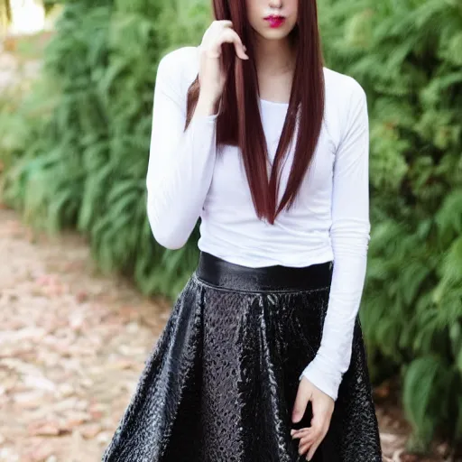 Image similar to pretty short girl with long straight hair, skirt, long sleeve band shirt