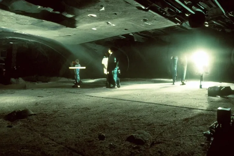 Image similar to Underground lab with scientists, aliens, cinematic light, 1990s sci-fi movie, twilight rays, cinematic, wide angle