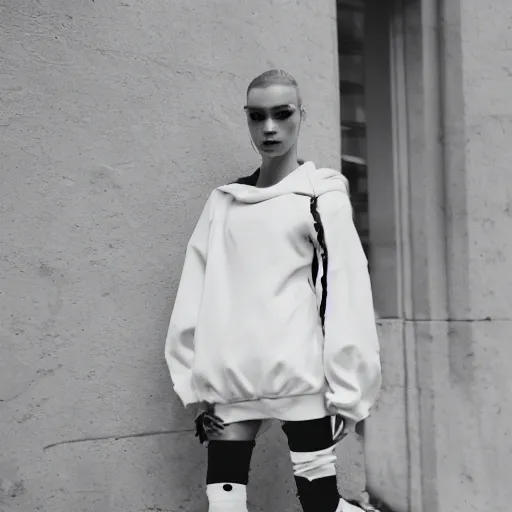Image similar to vogue fashion photography of model wearing streetwear fashion white clothing, inside berghain, futuristic fashion, photo 3 5 mm leica, hyperdetail, 8 k, very detailed