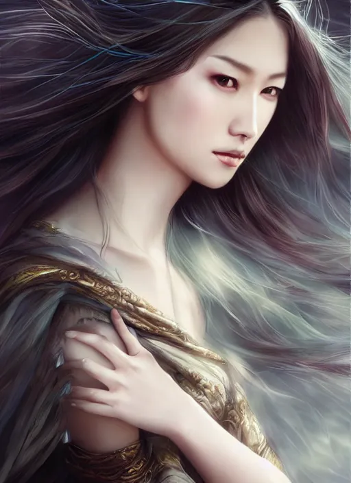 Image similar to a beautiful woman gheisa, 8 k, hyperrealistic, asian hyperdetailed, beautiful face, long hair windy, dark fantasy, fantasy portrait by laura sava