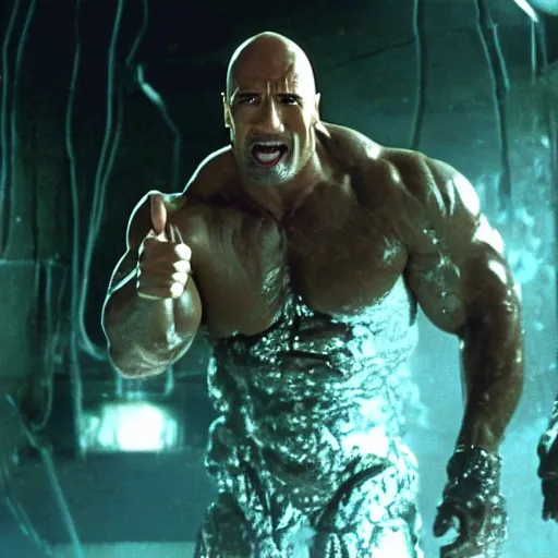 Prompt: film still of a cyborg dwayne johnson giving a thumbs - up while going inside a molten metal pool in terminator 2 1 9 9 1, epic, volumetric lighting, hd, 8 k