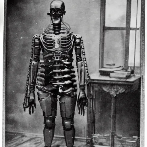 Image similar to early 1900s picture of a sad cyborg