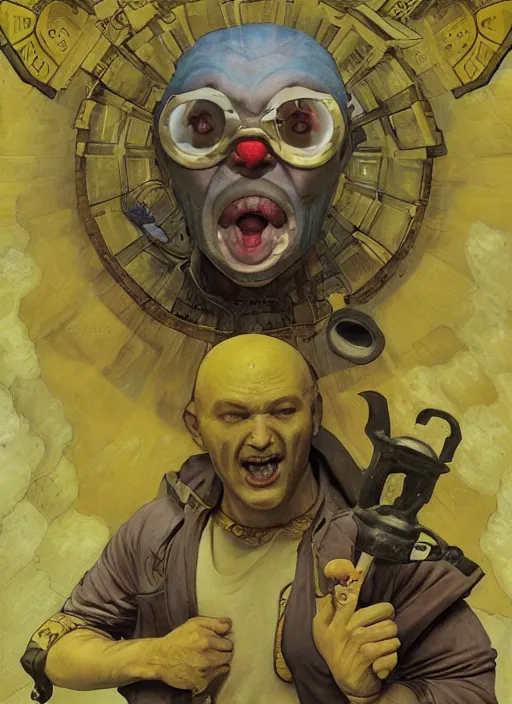 Prompt: renaissance grotesque full body portrait painting of angry crossfit lemon in a lemon themed spaceship going to a lemon portal, superior, character redesign by lee bermejo and greg rutkowski and alphonse mucha