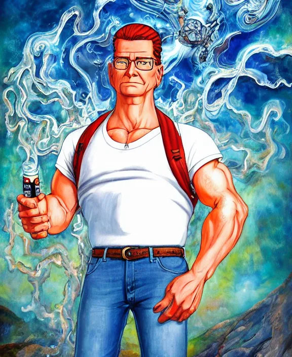 Prompt: normal hank hill wearing bluejeans and white tshirt, the god of propane, blue flames, propane tanks, magic realism, art by mike judge, art by josephine wall, art by huang guangjian, art by viktoria gavrilenko, art by amanda sage, trending on artstation