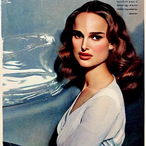 Image similar to “Natalie Portman portrait, color vintage magazine illustration 1950”