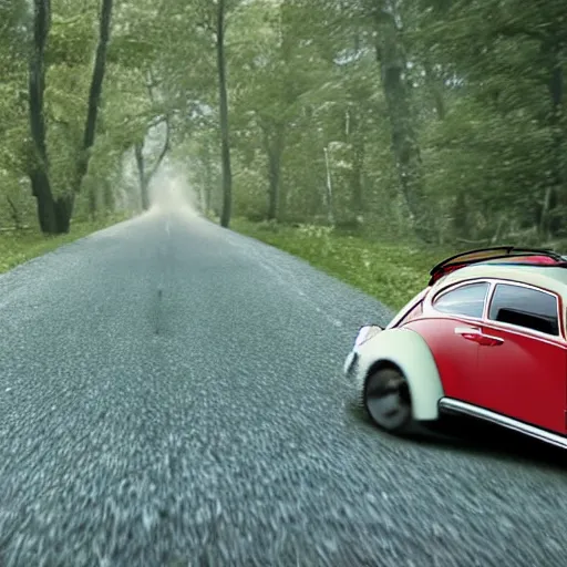 Image similar to promotional movie scene of a ( volkswagen beatle ) and ladybug hybrid. a ( volkswagen beatle ) merged into a ladybug. the hybrid is racing down a dusty back - road. cinematic, 4 k, imax, 7 0 mm