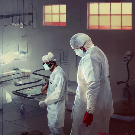 Image similar to A mixed media painting of a surgeon standing in an operating room, surrounded by new technology, infused with lightning, very aesthetic, curvy, surgical mask covering face, surgical gown and scrubs on, by Frank Frazetta, Greg Rutkowski, Boris Vallejo, Beeple, Yoko Taro, Christian MacNevin, CGsociety, full length, exquisite detail, post-processing, masterpiece, cinematic