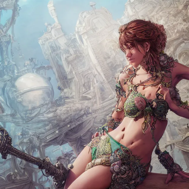 Image similar to the portrait of chaotic neutral female rogue as absurdly beautiful, gorgeous, elegant, innocent young swimsuit model, an ultrafine hyperdetailed illustration by kim jung gi, irakli nadar, intricate linework, bright colors, octopath traveler, final fantasy, unreal engine 5 highly rendered, global illumination, radiant light, detailed and intricate environment