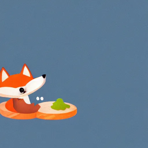 Image similar to minimalistic cute fox eating a fish, 2 d render, pastel