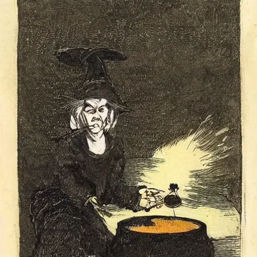 Prompt: An old witch dressed in black making potions in her cauldron. By Francisco de Goya.