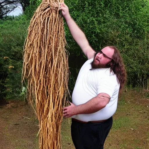 Prompt: a photo of a portly man with long hair holding a 1 0 m long yam