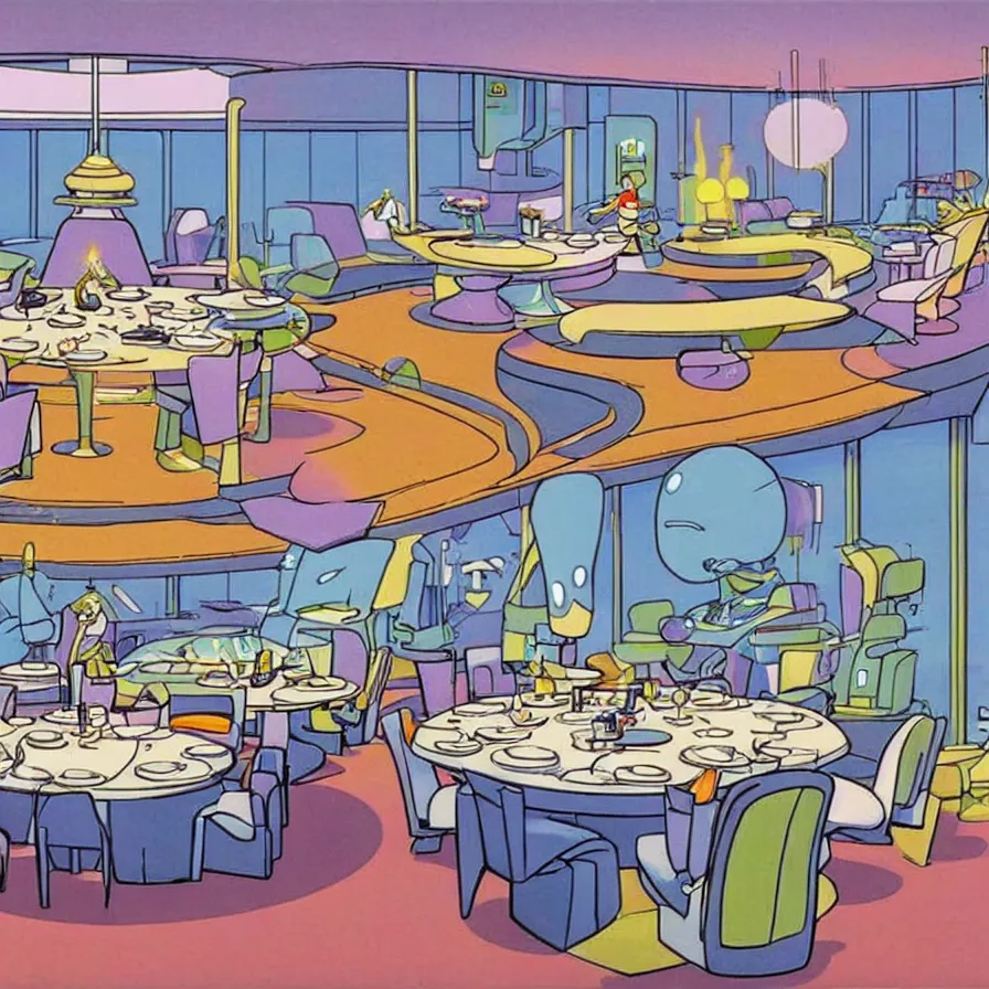 Image similar to concept art of jetsons cartoon indoor big dinning room, painted by tim white